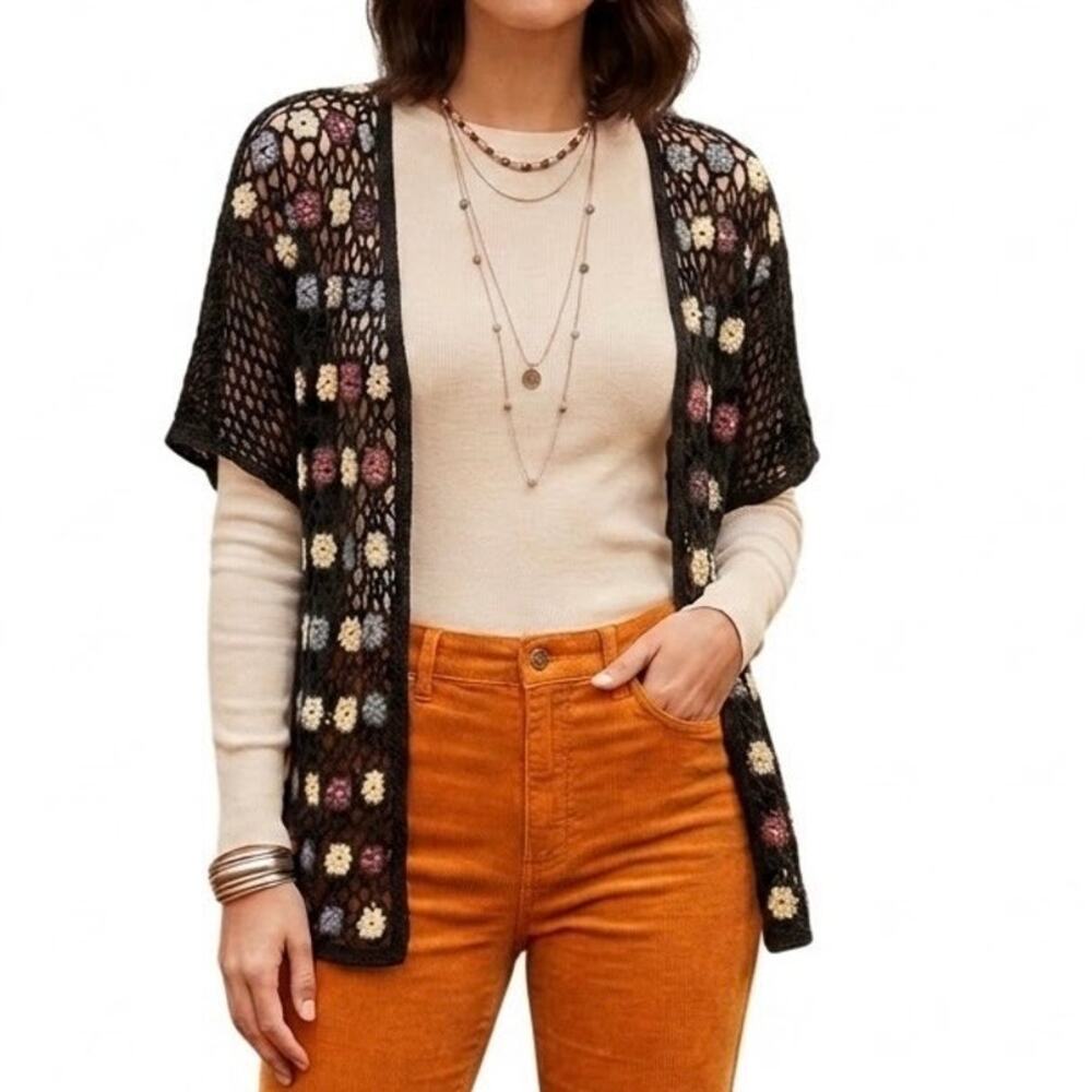 Vintage Black Boho Crochet Floral Beaded Mesh cover up Festival Chic open knit